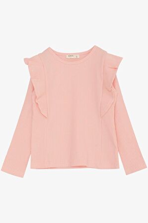 BREEZE Kız Çocuk Uzun Kollu Tişört Omuz Fırfırlı 3-7 Yaş, Somon