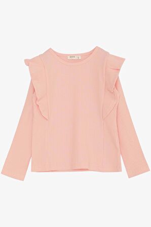 BREEZE Kız Çocuk Uzun Kollu Tişört Omuz Fırfırlı 3-7 Yaş, Somon