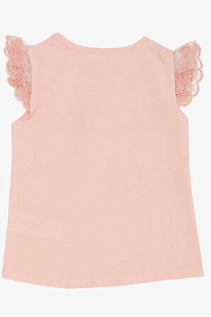 Breeze Kız Çocuk Tişört Kolları Güpür Nakışlı Kelebek Baskılı 1.5-5 Yaş, Pembe