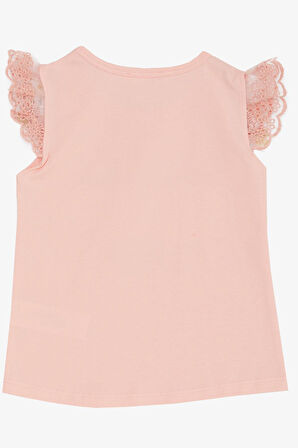 Breeze Kız Çocuk Tişört Kolları Güpür Nakışlı Kelebek Baskılı 1.5-5 Yaş, Pembe