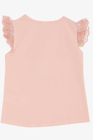 Breeze Kız Çocuk Tişört Kolları Güpür Nakışlı Kelebek Baskılı 1.5-5 Yaş, Pembe