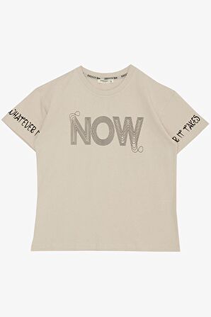 BREEZE Erkek Çocuk Tişört Now Yazı Baskılı 8-14 Yaş, Bej