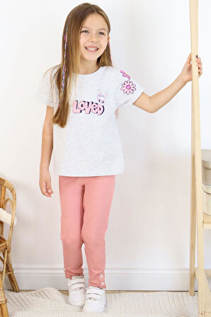 Breeze Kız Çocuk Taytlı Takım Sevgi Temalı Tavşancık Baskılı 4-8 Yaş, Açık Gri Melanj