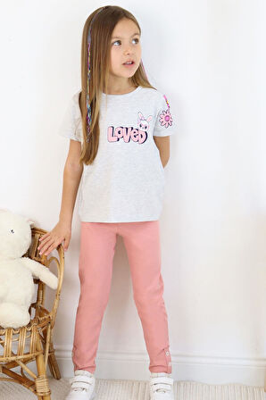 Breeze Kız Çocuk Taytlı Takım Sevgi Temalı Tavşancık Baskılı 4-8 Yaş, Açık Gri Melanj