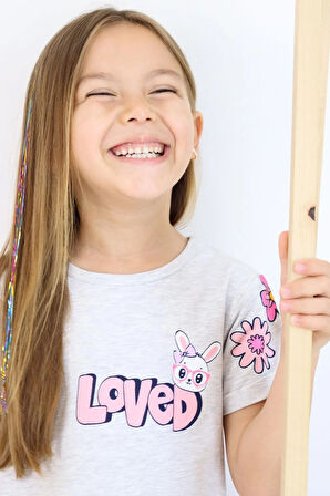 Breeze Kız Çocuk Taytlı Takım Sevgi Temalı Tavşancık Baskılı 4-8 Yaş, Açık Gri Melanj