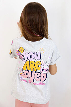 Breeze Kız Çocuk Taytlı Takım Sevgi Temalı Tavşancık Baskılı 4-8 Yaş, Açık Gri Melanj