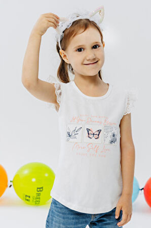 Breeze Kız Çocuk Tişört Kolları Güpür Nakışlı Kelebek Baskılı 1.5-5 Yaş, Ekru