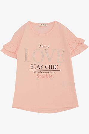 BREEZE Kız Çocuk Tişört Sevgi Temalı Simli Yazı Baskılı 6-12 Yaş, Somon
