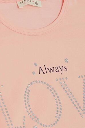 BREEZE Kız Çocuk Tişört Sevgi Temalı Simli Yazı Baskılı 6-12 Yaş, Somon