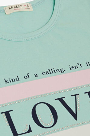 Breeze Kız Çocuk Tişört Yazı Baskılı Taşlı 8-14 Yaş, Su Yeşili