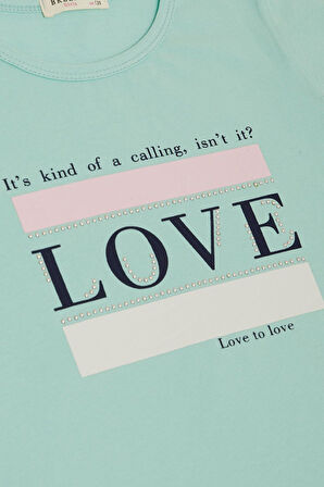 Breeze Kız Çocuk Tişört Yazı Baskılı Taşlı 8-14 Yaş, Su Yeşili