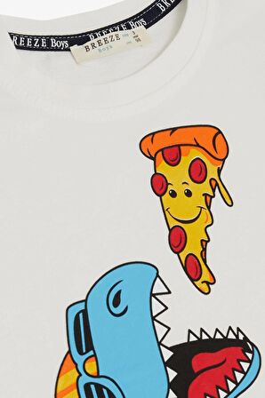 BREEZE Erkek Çocuk Tişört Pizza Yiyen Mutlu Dinozor Baskılı 2-6 Yaş, Ekru