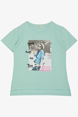 Breeze Kız Çocuk Tişört Havalı Kız Baskılı 8-14 Yaş, Su Yeşili