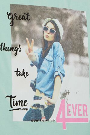 Breeze Kız Çocuk Tişört Havalı Kız Baskılı 8-14 Yaş, Su Yeşili