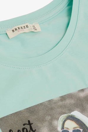 Breeze Kız Çocuk Tişört Havalı Kız Baskılı 8-14 Yaş, Su Yeşili