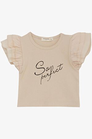 BREEZE Kız Çocuk Tişört Kemer Boy Kolları Krep Kumaş Fırfırlı 3-7 Yaş, Bej