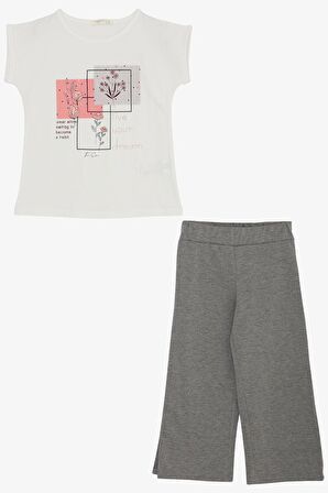 Breeze Kız Çocuk Pantolonlu Takım Çiçek Baskılı Yırtmaçlı 6-12 Yaş, Ekru