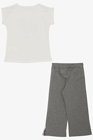 Breeze Kız Çocuk Pantolonlu Takım Çiçek Baskılı Yırtmaçlı 6-12 Yaş, Ekru