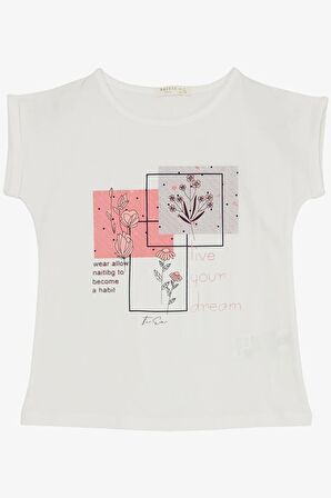 Breeze Kız Çocuk Pantolonlu Takım Çiçek Baskılı Yırtmaçlı 6-12 Yaş, Ekru