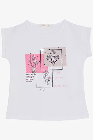 Breeze Kız Çocuk Pantolonlu Takım Çiçek Baskılı Yırtmaçlı 6-12 Yaş, Beyaz