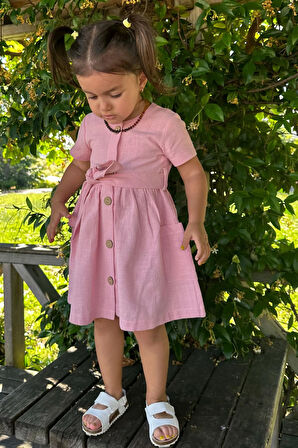 Breeze Kız Çocuk Keten Elbise Düğmeli Yanları Cepli 1.5-5 Yaş, Pembe