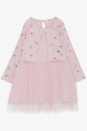 Breeze Kız Çocuk Uzun Kollu Ebise Tüllü Çiçek Desenli 3-8 Yaş, Pembe