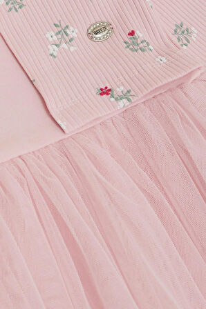Breeze Kız Çocuk Uzun Kollu Ebise Tüllü Çiçek Desenli 3-8 Yaş, Pembe