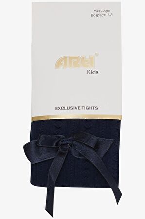 Artı Kız Çocuk Külotlu Çorap Kendinden Desenli Fiyonklu 3-12 Yaş, Lacivert