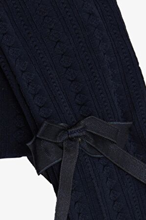 Artı Kız Çocuk Külotlu Çorap Kendinden Desenli Fiyonklu 3-12 Yaş, Lacivert