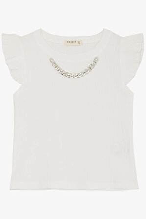 BREEZE Kız Çocuk Tişört Kemer Boy Yakası Zincir Aksesuarlı 9-14 Yaş, Ekru