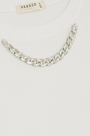 BREEZE Kız Çocuk Tişört Kemer Boy Yakası Zincir Aksesuarlı 9-14 Yaş, Ekru