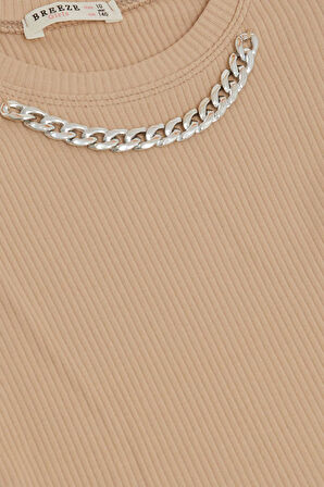 Breeze Kız Çocuk Tişört Kemer Boy Yakası Zincir Aksesuarlı 9-14 Yaş, Kahverengi