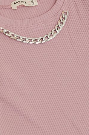 Breeze Kız Çocuk Tişört Kemer Boy Yakası Zincir Aksesuarlı 9-14 Yaş, Gülkurusu