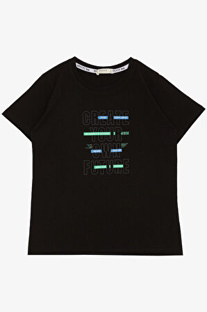 Breeze Erkek Çocuk Tişört Yazı Baskı Detaylı Etek Ucu Kolu Pis Kesim 8-14 Yaş, Siyah