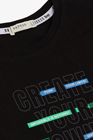 Breeze Erkek Çocuk Tişört Yazı Baskı Detaylı Etek Ucu Kolu Pis Kesim 8-14 Yaş, Siyah