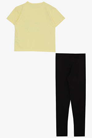 Breeze Kız Çocuk Taytlı Takım Çiçek & Yazı Baskılı Fiyonklu 5-10 Yaş, Sarı