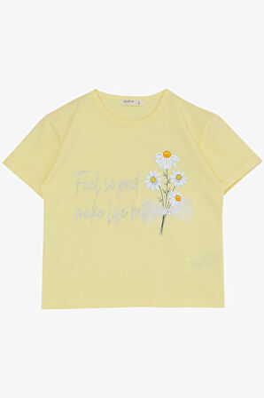 Breeze Kız Çocuk Taytlı Takım Çiçek & Yazı Baskılı Fiyonklu 5-10 Yaş, Sarı