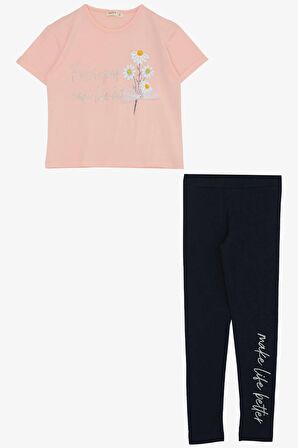 Breeze Kız Çocuk Taytlı Takım Çiçek & Yazı Baskılı Fiyonklu 5-10 Yaş, Pembe