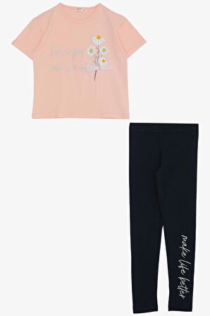 Breeze Kız Çocuk Taytlı Takım Çiçek & Yazı Baskılı Fiyonklu 5-10 Yaş, Pembe