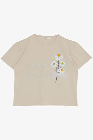 Breeze Kız Çocuk Taytlı Takım Çiçek & Yazı Baskılı Fiyonklu 5-10 Yaş, Bej