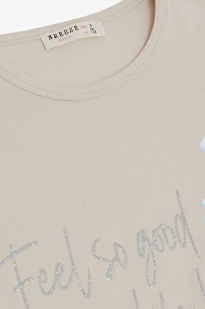 Breeze Kız Çocuk Taytlı Takım Çiçek & Yazı Baskılı Fiyonklu 5-10 Yaş, Bej