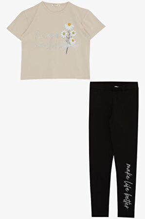 Breeze Kız Çocuk Taytlı Takım Çiçek & Yazı Baskılı Fiyonklu 5-10 Yaş, Bej