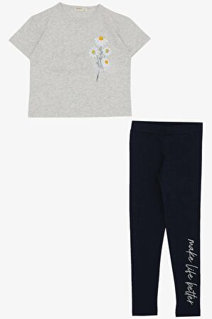 Breeze Kız Çocuk Taytlı Takım Çiçek & Yazı Baskılı Fiyonklu 5-10 Yaş, Açık Gri Melanj