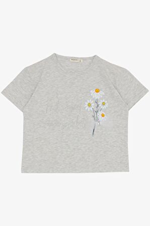 Breeze Kız Çocuk Taytlı Takım Çiçek & Yazı Baskılı Fiyonklu 5-10 Yaş, Açık Gri Melanj