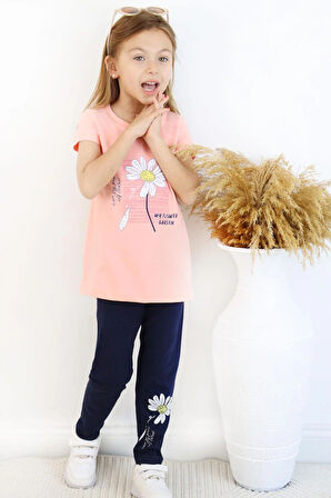 Breeze Kız Çocuk Taytlı Takım Papatya Baskılı 4-9 Yaş, Somon