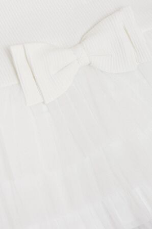 Breeze Kız Çocuk Elbise Fiyonklu Tüllü Omuzu Fırfırlı 1.5-5 Yaş, Ekru