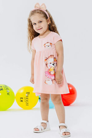 Breeze Kız Çocuk Elbise Sevimli Ayıcık Baskılı 1.5-5 Yaş, Pembe