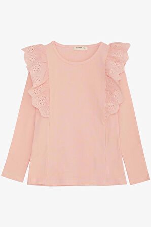 Breeze Kız Çocuk Uzun Kollu Bluz Güpür Çiçek Nakışlı 8-12 Yaş, Pembe