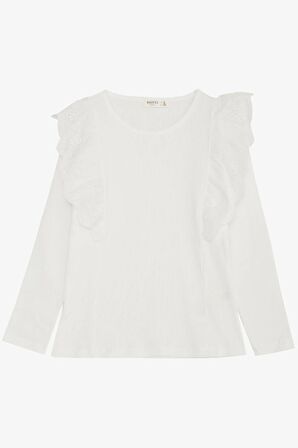 Breeze Kız Çocuk Uzun Kollu Bluz Güpür Çiçek Nakışlı 8-12 Yaş, Ekru