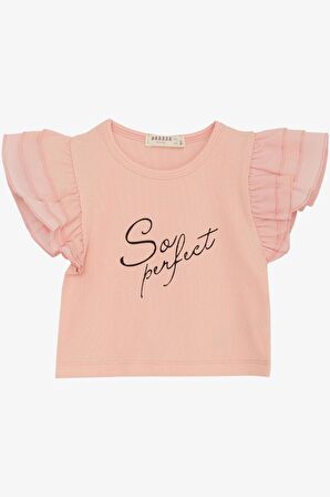 Breeze Kız Çocuk Tişört Kemer Boy Kolları Krep Kumaş Fırfırlı 3-7 Yaş, Somon